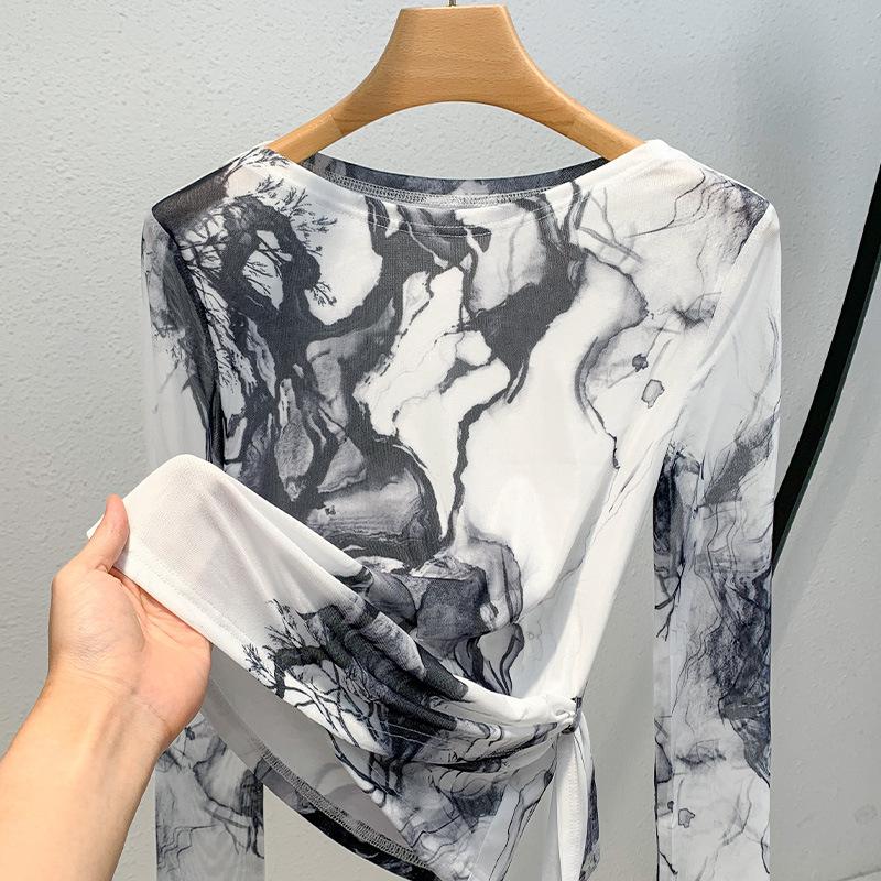 Mesh Base Shirt for Women's New Year Women's Ink Printed One-Shoulder T-shirt