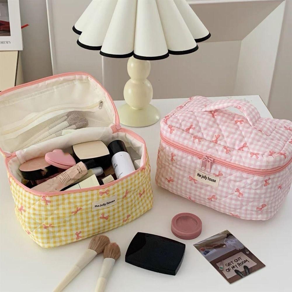 Korean Style Lattice Cosmetic Bag Large Capacity Portable Makeup Bag Sweet Cute Storage Bag Girls