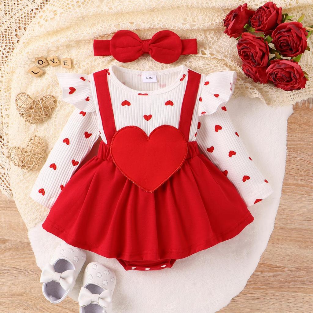 Autumn Baby Girls Valentine's Day Romper Dress 3M 6M 9M 12M 18M Long Sleeve Ruffle Heart Letter Print Jumpsuits with Headband