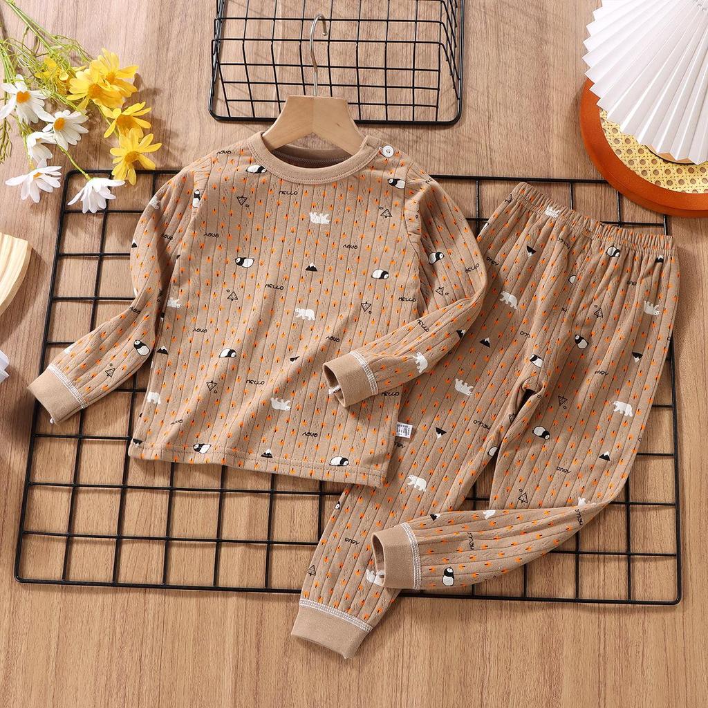 Детский пижамный комплект из хлопка с длинным рукавом на 2023 год - Осенняя одежда для мальчиков и девочек с брюками двойного слоя