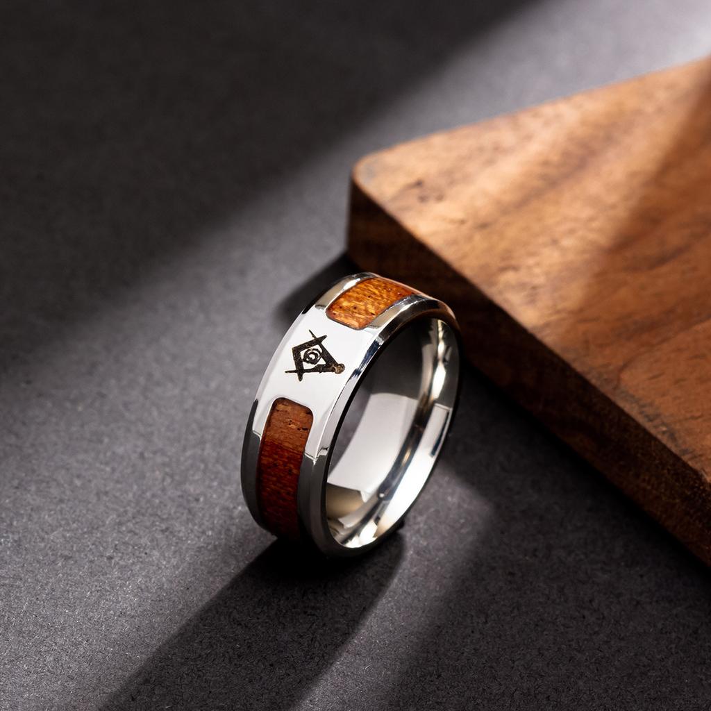 Jewelry Inlaid with Acacia Wood Grain Half Circle Tree of Life Ring Cross Ring