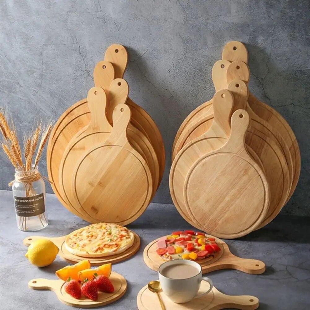 Круглая деревянная доска для пиццы с ручным противнем для выпечки пиццы, бамбуковый поднос для стейка в стиле вестерн, разделочная доска для пиццы, блюдо, инструмент для выпечки торта