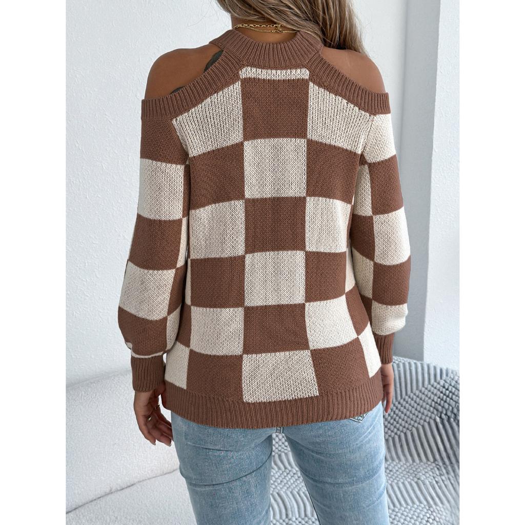 QICED Autumn and Winter Casual Off-the-shoulder, Color-blocking Checkered Lantern Long-sleeved Sweater Women's Wear