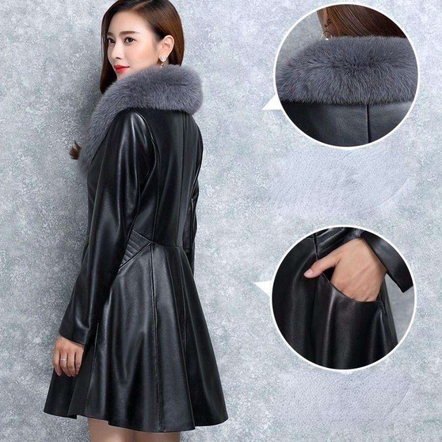 Autumn And Winter Women Medium Long Leather Windbreaker Coat Black Red Faux Leather Clothes