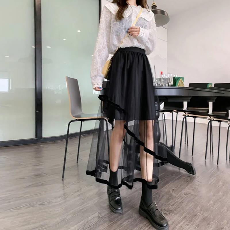 Женские юбки, однотонная корейская асимметричная сетчатая юбка, летние милые уютные свободные юбки, повседневная универсальная юбка с высокой талией