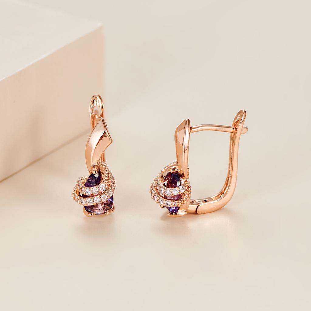 1 Pair Rose Gold Color Teardrop Cut Purple Stone Clip On Claw Earrings Drop Dangle Spiral Earrings Wedding Jewelry