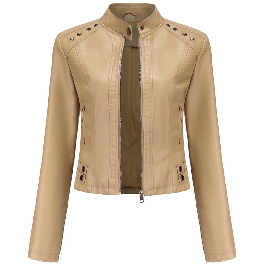 Women Faux Leather Jacket Cropped Zip Up Motorcycle Short PU Moto Biker Outwear Fitted Slim Coat with Pockets Stylish Rivets Punk Rock Fashion Blazer