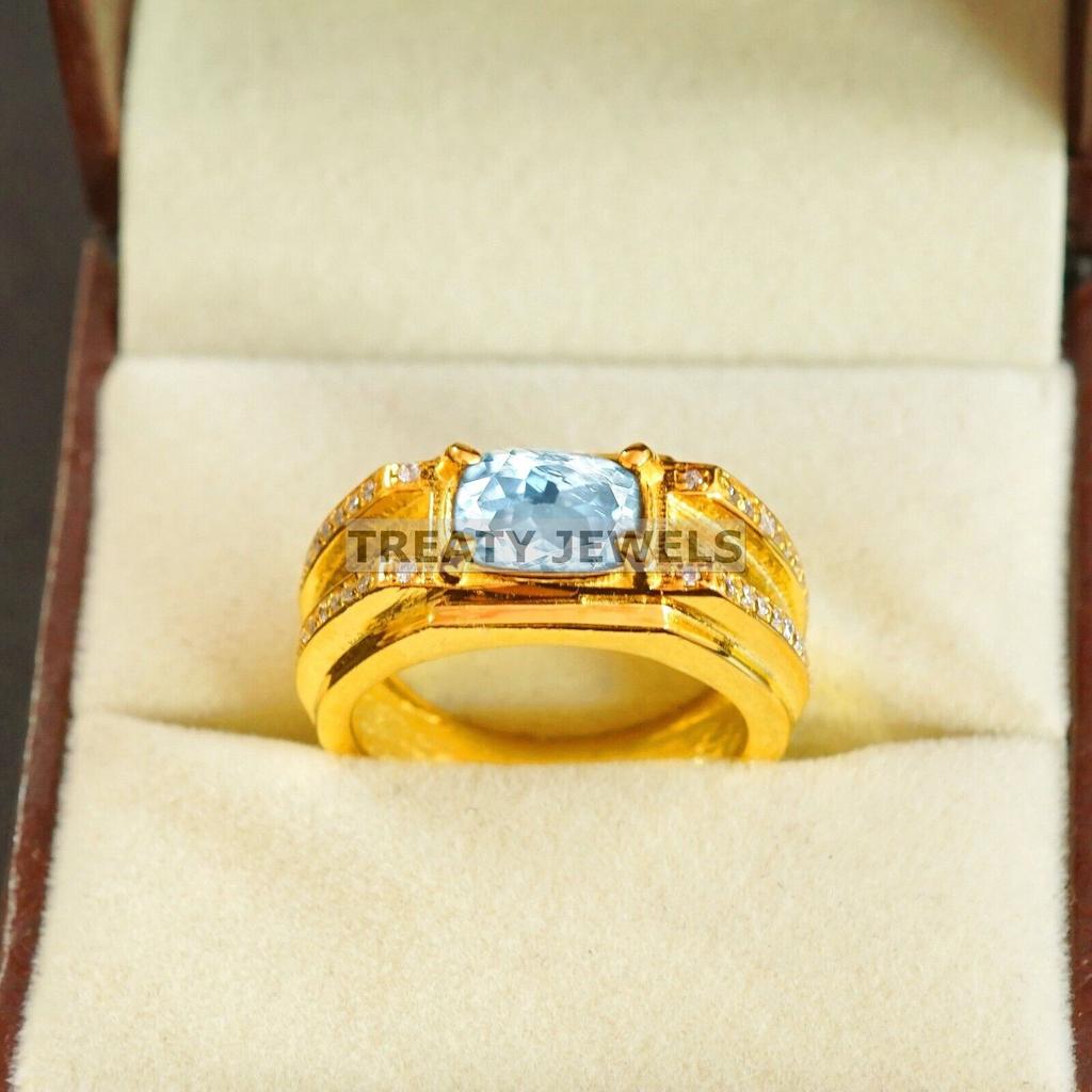 Aquamarine Oval Cut With 925 Sterling Silver Gold Plated Ring For Men's #A737 JL375659043641