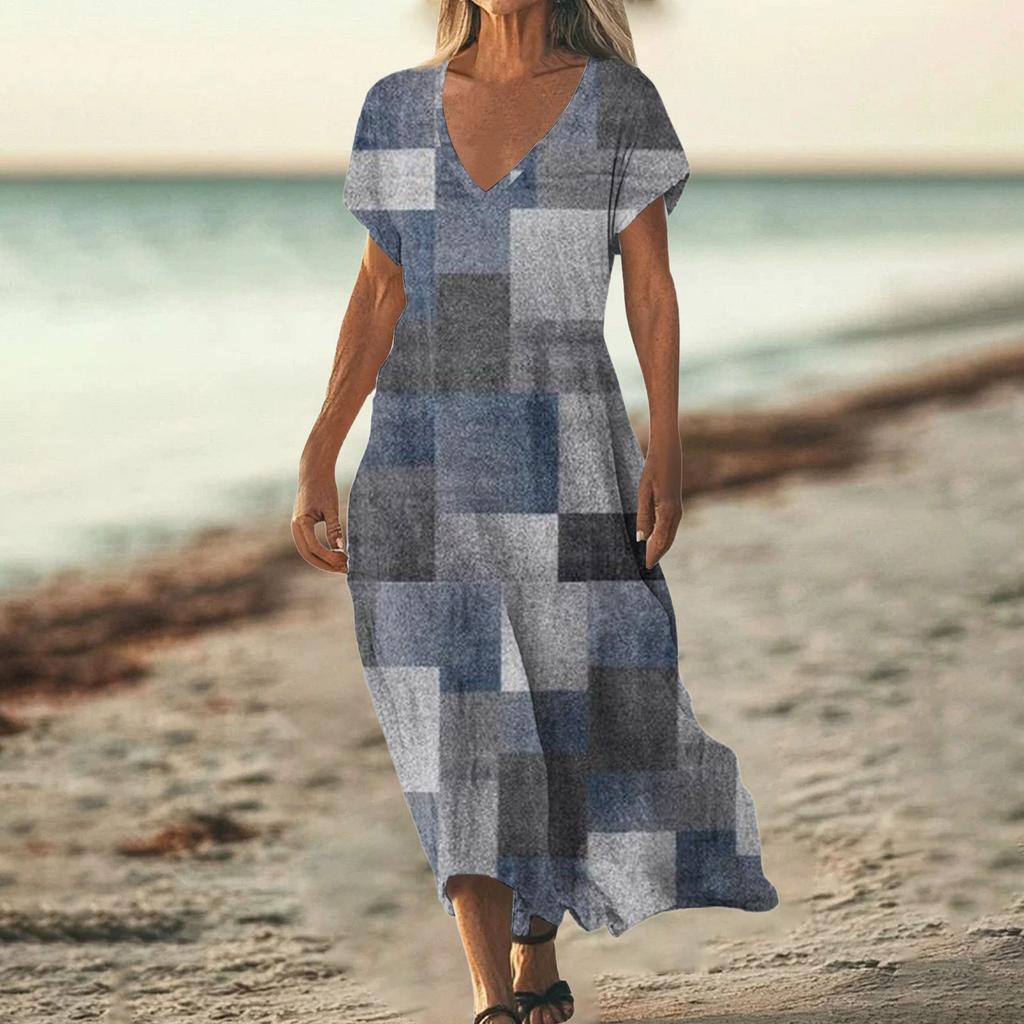 Модное женское летнее пляжное платье с V-образным вырезом и коротким рукавом с винтажным цветочным принтом