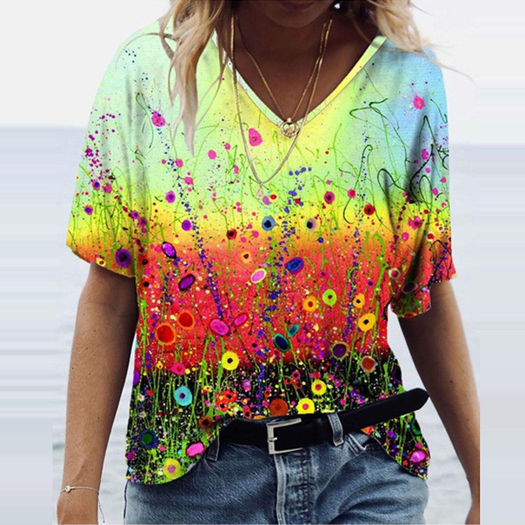 Fashion Spring Flower Print Blouses Short Sleeved V-Neck T Shirts Casual