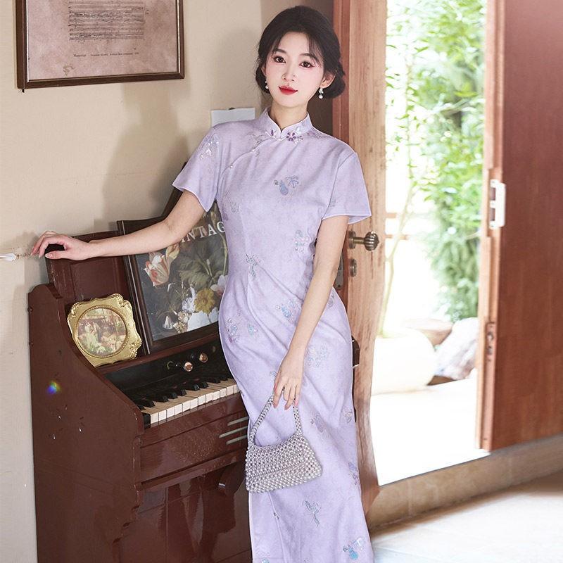 Purple Modern Chinese Style Long Cheongsam Dress Women 2026 Casual Wear With Stand Collar Design