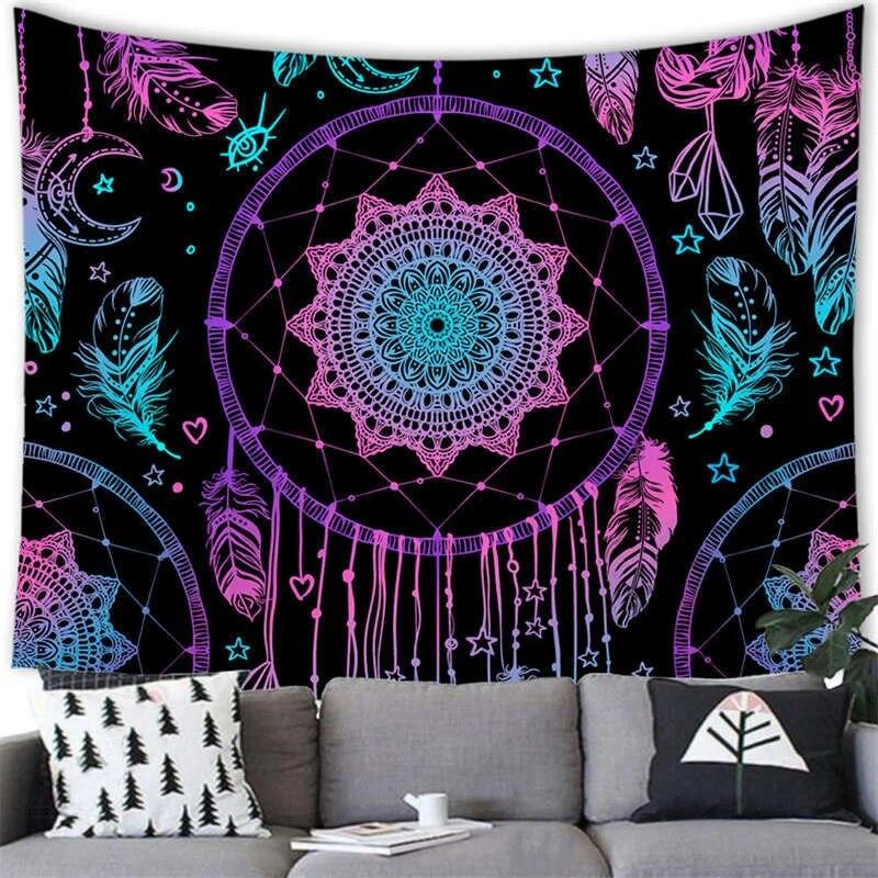 Богемный гобелен «Ловец снов» с психоделическим пером, мистический декор, настенный ковер в стиле хиппи для спальни, пляжное полотенце, домашний декор