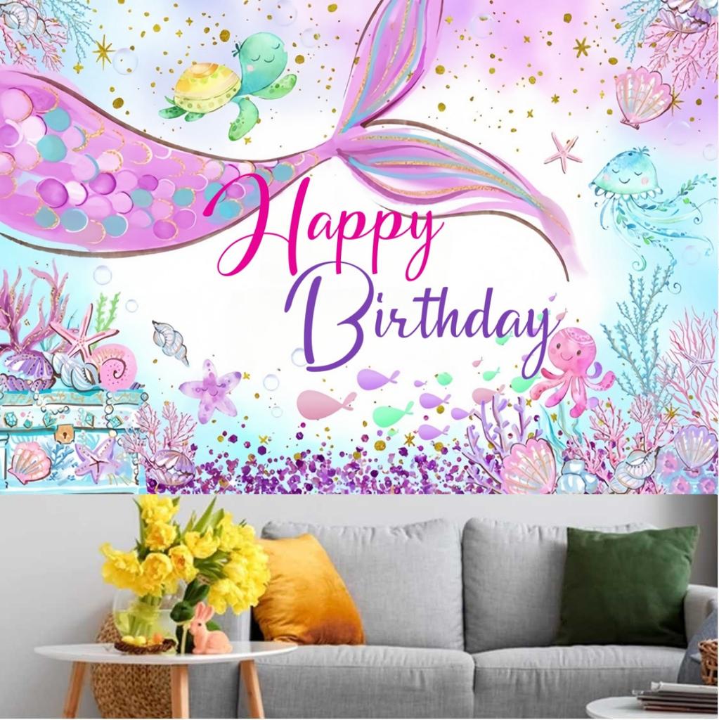 Mermaid Theme Happy Birthday Background Pink Purple Kids Girls Birthday Party Banner Decoration Home Photography Backdrop New