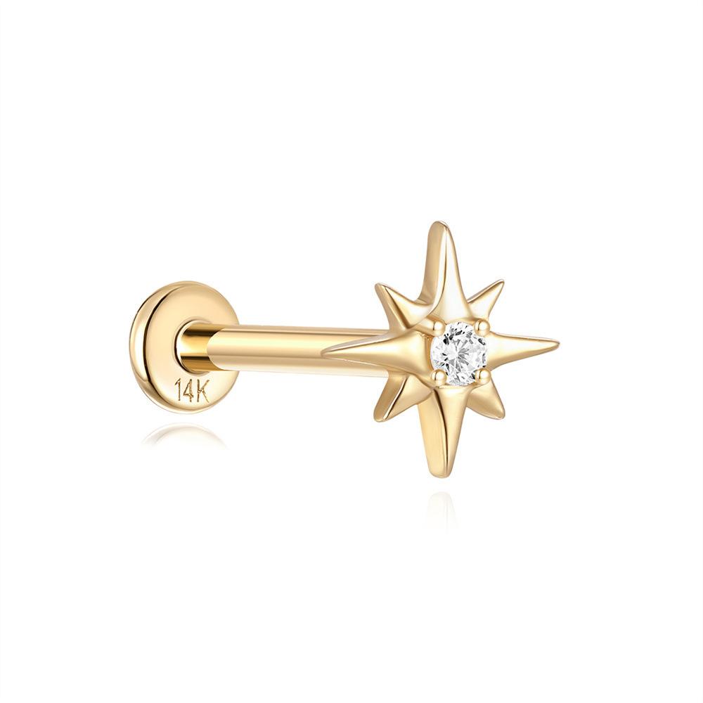 14K Golden Wind Horse Eye Octagon Star Пирсинг Внутренняя резьба Плоское дно 18G Золотые серьги-гвоздики для ушных косточек