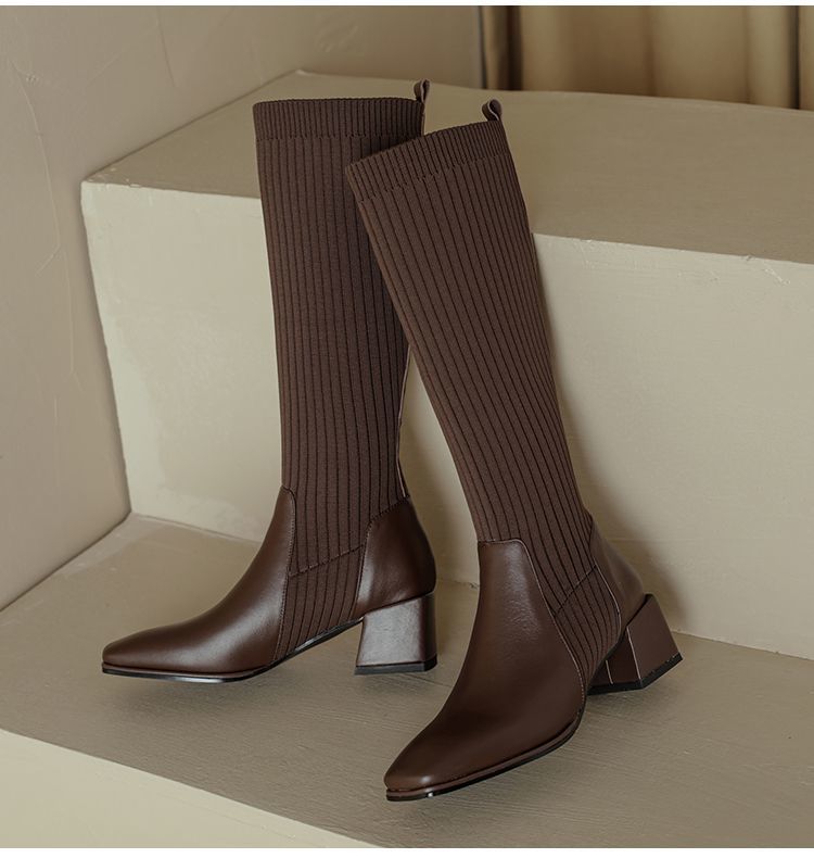 Comemore Retro Knitted Knee High Elastic Boots Chunky High Heeled Women's Sock Long Boots Casual Slip On Autumn Single Botas