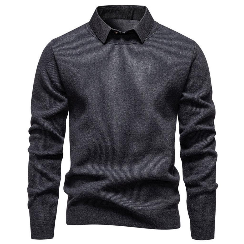 Men's Casual Patchwork Fake Two-piece Knitted Inner Sweater, Men's Warm Lapel Shirt Sweater