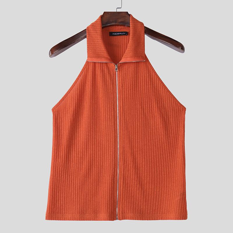 INCERUN Summer Men Sleeveless Zipper Rib Tank Tops T-shirts