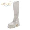 Fashion AIYUQI Mesh Boots Women 2025 New Genuine Leather High Heeled Boots Women Summer Platform Knight Boots Women