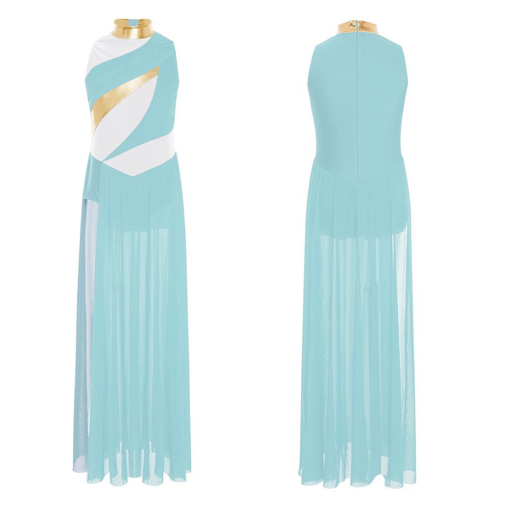 Современное танцевальное платье для девочек: Воротник-стойка с драпированным сетчатым лифом, боковой разрез и дизайн Color Block для сценического выступления