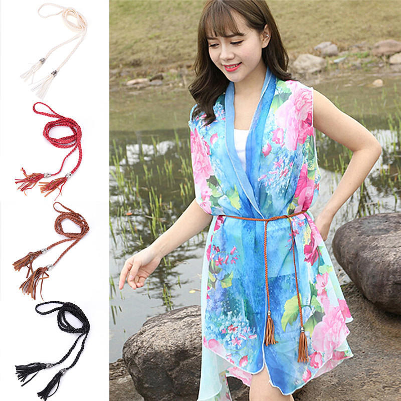 Boho Women Simple Pu Leather Tassel Braided Self-Tie Belt Thin Waist Rope Belt