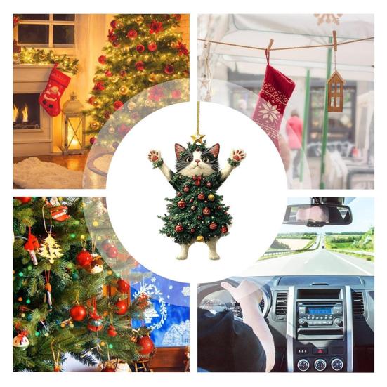 Christmas Cat In Christmas Tree Acrylic Hanging Ornament 2D Flat Car Rearview Mirror Charm Holiday Gifts for Cat Lovers