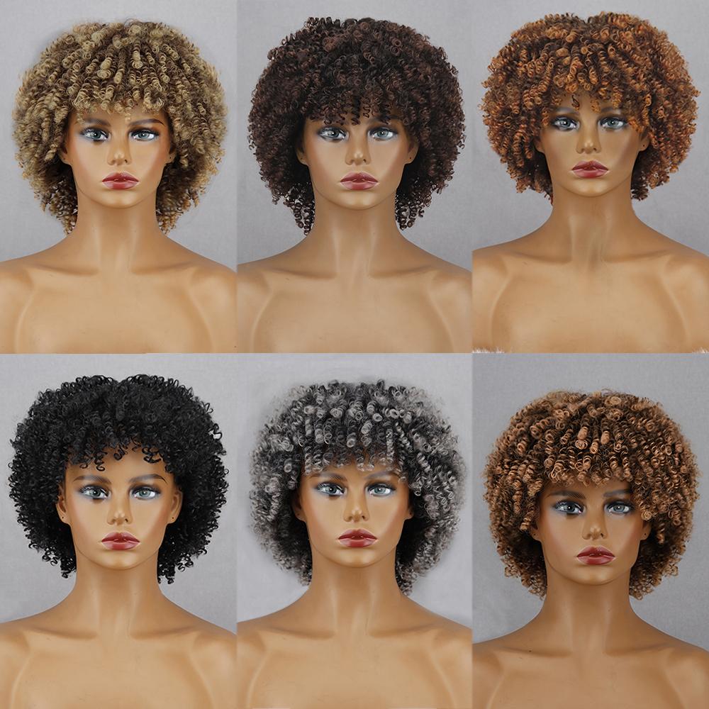 MISS WIG Афро-женщины из синтетического волокна, черный, коричневый, серый, странный вьющийся парик с челкой, африканский короткий вьющийся парик, косплей