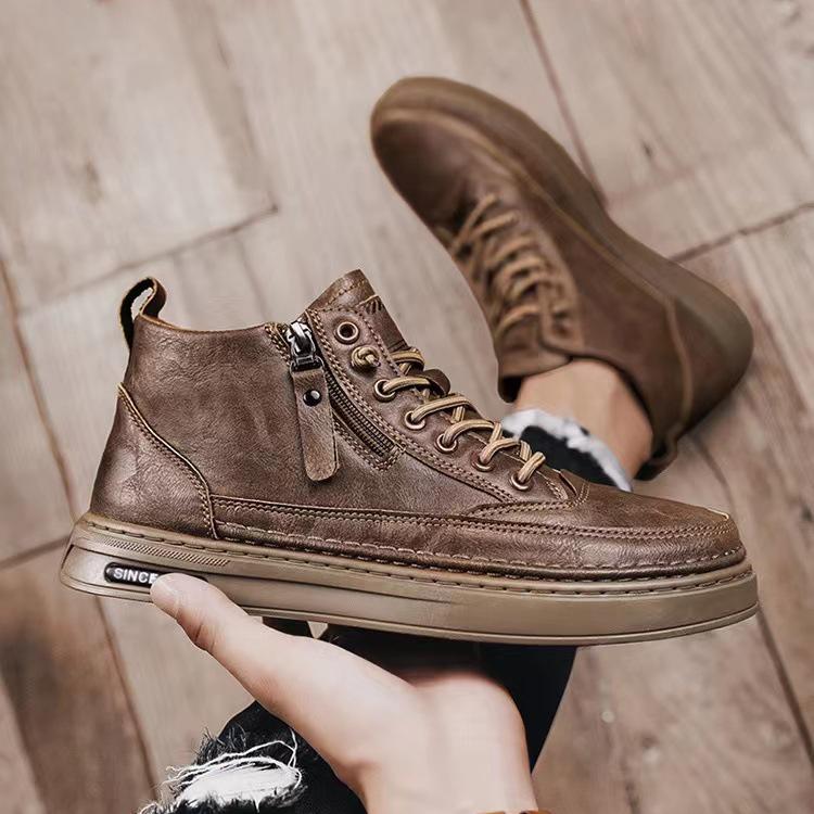 Мужские новые модные повседневные туфли-лодочки на плоской подошве из толстой кожи на молнии