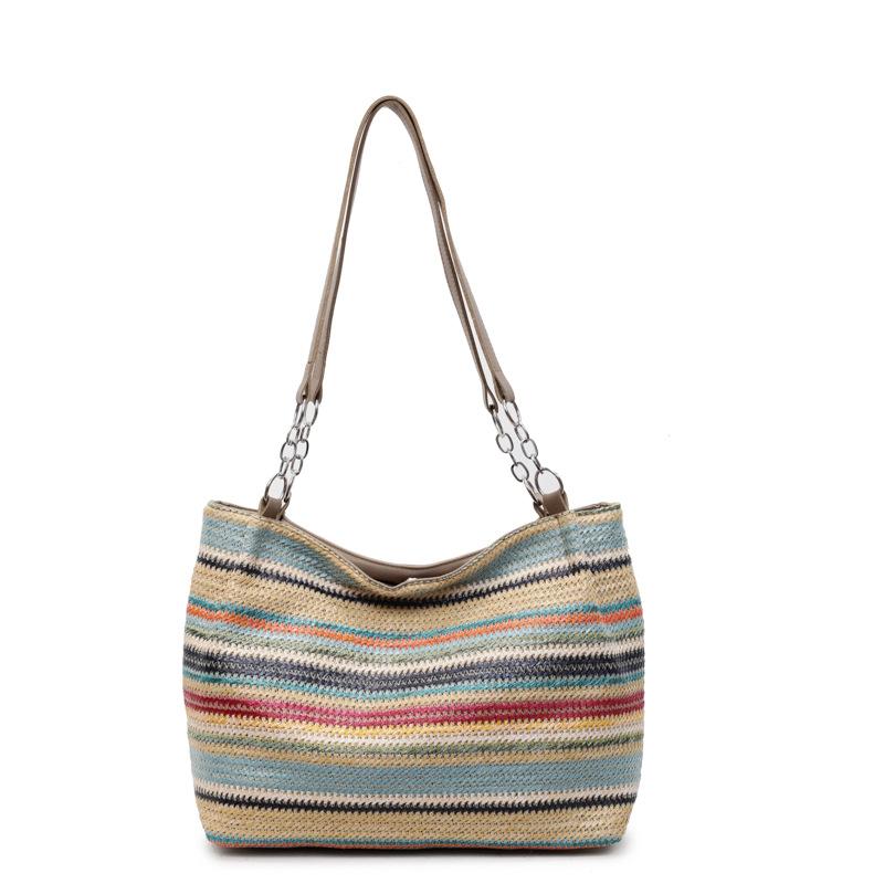 Contrasting color woven large-capacity tote bag women's summer new trendy simple leisure college student class commuting shoulder bag