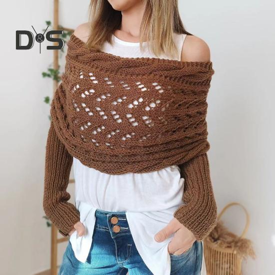 Knitted Cable Wrap Scarf with Sleeves Soft Bohemian Style Shawl Scarf Hollow Crochet Pattern Cross Wrap Scarf Sweater Wrap