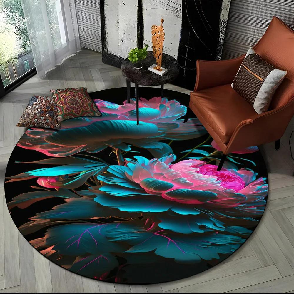 Crystal Velvet Luxury Flower Round Rug – Rose & Daisy Print Nordic Non-Slip Mat for Living Room, Bedroom & Playroom