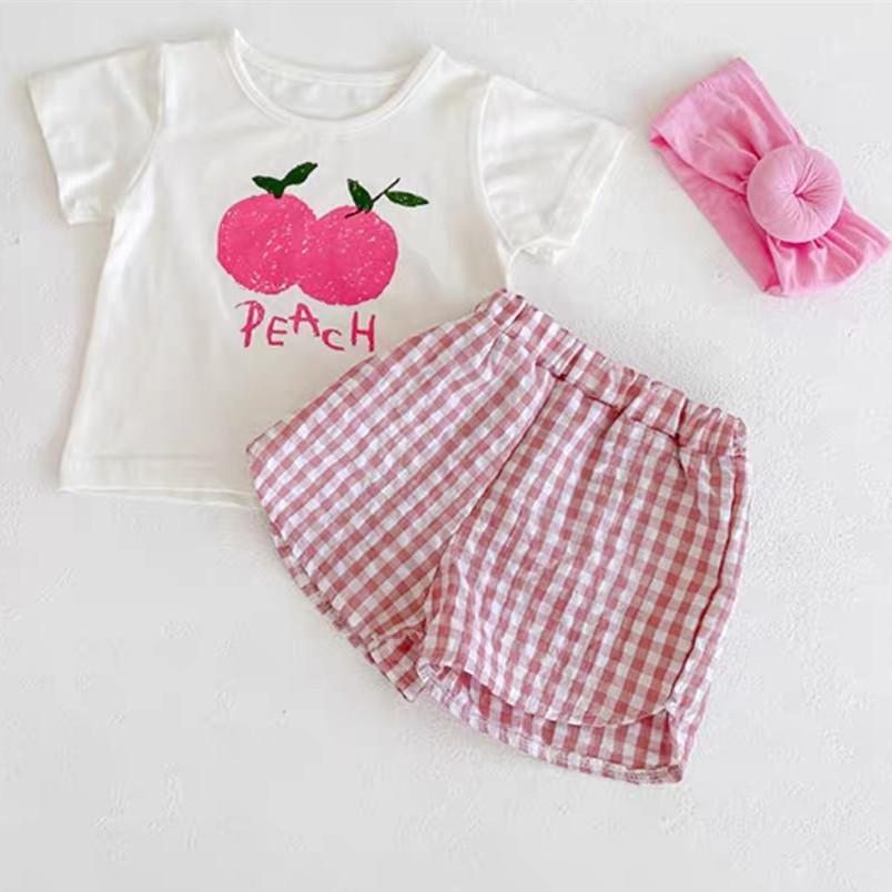 Модный комплект из 2 предметов для девочки с коротким рукавом, с фруктовым принтом, детские футболки + шорты, клетчатая одежда, наряды для малышки-принцессы