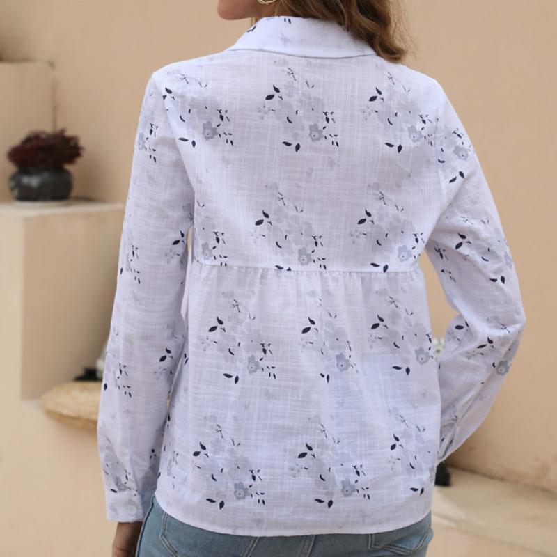 Women Cotton Linen Shirt Turn Down Collar Single Breasted Blouse White Yellow Blue Tops Long Sleeve Floral Printed Shirts