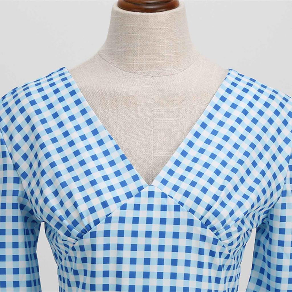 Женское модное тонкое платье макси с v-образным вырезом и коротким рукавом в винтажную клетку