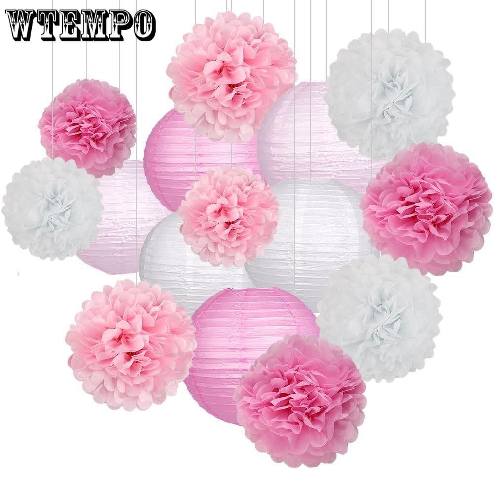 15Pcs Party Pack Paper Lanterns and Pom Pom Balls Hanging Decoration for Wedding Birthday Baby Shower