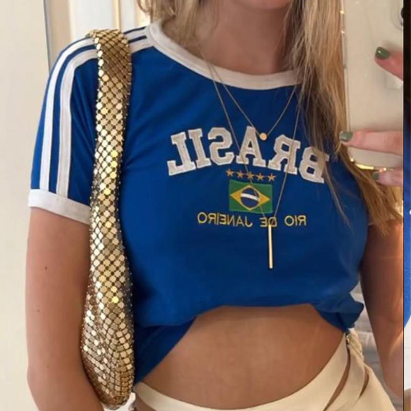 Y2K Retro Summer T-shirt Embroidered Letter Pattern Short Sleeve Open Navel Short Dress Women's Top