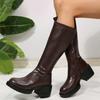 Модные женские ботфорты Модные больших размеров 35-42 Толстый каблук Рыцарские сапоги Женские 2025 Боковая молния Искусственная кожа Длинные боты Женские