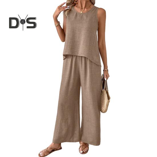 Женский комплект из двух предметов для отдыха, летний топ без рукавов с вырезом сзади и широкие брюки, повседневная одежда для отпуска и путешествий
