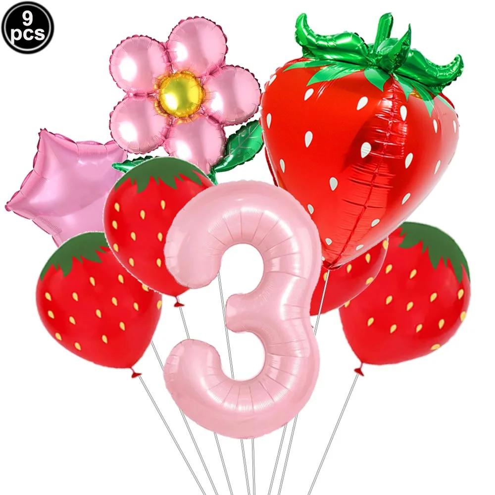 9pcs Strawberry Balloons Kits Birthday Decorations for Girls 32inch 0-9 Number Balloons for Strawberry Birthday Party Decors