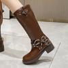 Fashion Thick Sole Leather Western Boots Women 2024 Vintage Fashion Buckle Design Knee High Knight Boots Woman Medium Heel Cavalry Boots