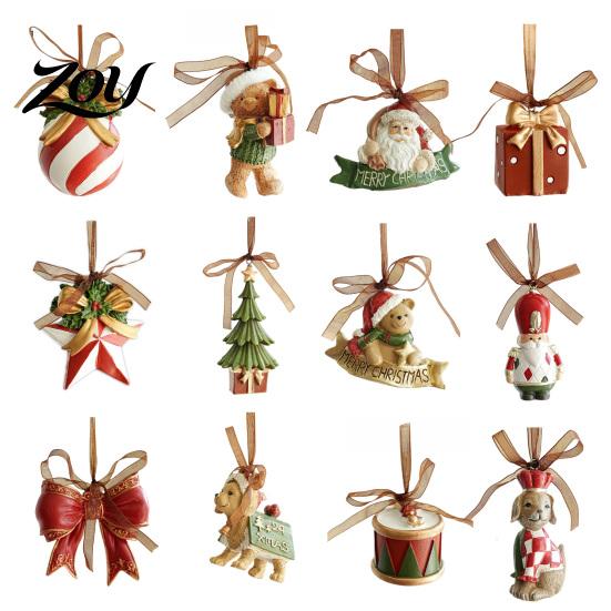 Gift Box Embellishments Christmas Resin Animal Ornament, Vintage Hanging Decor with Ribbon, Cute Bow Souvenirs Dog Santa Bear Patterns Xmas