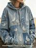 Womens Retro Imitation Denim Fleece Hoodie Forest Animal Patchwork Embroidery Print Drawstring Pocket Pullover Tops