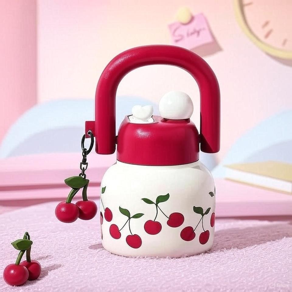 800ML Cute Water Bottle with Decoration, Dual Straws Design, Anti-Lipstick Stain, Detachable Travel Strap, Suitable for Girls