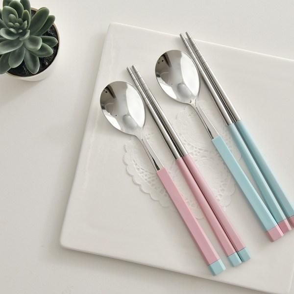 Diyou Sangsang&Stainless Steel Korean Junior Cutlery Set for 2, Blue, Ivory, 2 Types of Spoons + 2 Types of Chopsticks, 1 Set