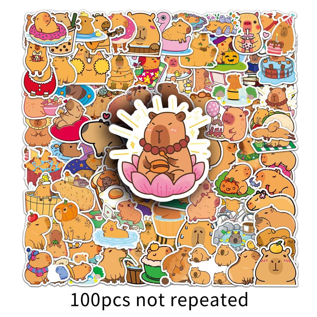 100 Capybara Cartoon Stickers Cute Animal Kapibala Guka Decorative Water Cup Mobile Phone Small Mochi Stickers
