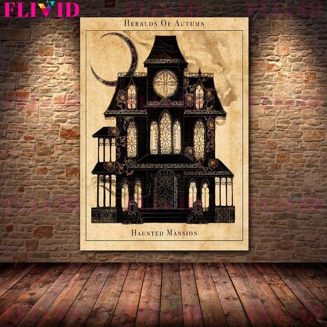 Дом-призрак и черная магия, ретро, ​​настенная живопись, холст, картина, вороны и черная луна, волшебство, поклонение, художественный постер