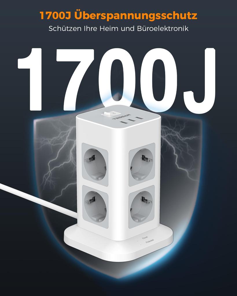 Tessan Розетка с плоской вилкой, 8-контактная многоконтактная розетка с 3 USB-портами, удлинительный кабель, плоский разъем 2 м, защита от перенапряжения с несколькими вилками