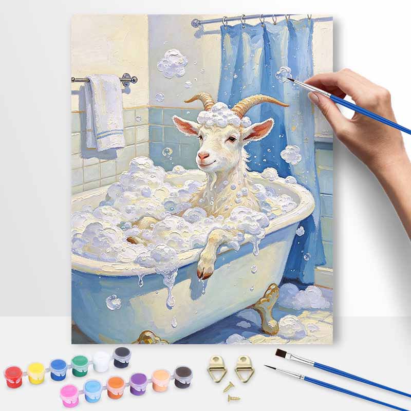 Cute goat taking a bath in bathtub with bubbles. Oil painting DIY digital painting handpainted living room hallway decorative wall hanging