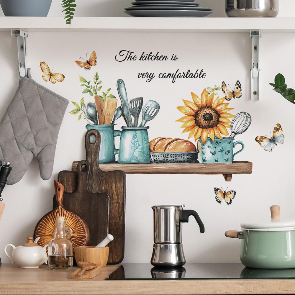 Креативные кухонные принадлежности с подсолнухами и бабочками Наклейка на стену Самоклеящаяся Съемная для кухни Столовой Фон Декор дома