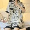 Spring Summer Short Sleeve Pajamas for Woman Korean 2 Piece Women Set Silk Fashion Sleepwear Cute Cartoon Cat Print Pink Satin Pajama Set Young Girl