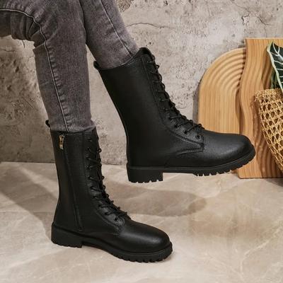 2024 Брендовая обувь Женская шнуровка Молния Женские ботинки Осень Круглый носок Однотонные Короткий голенище Низкий каблук Универсальные Ботинки в корейском стиле